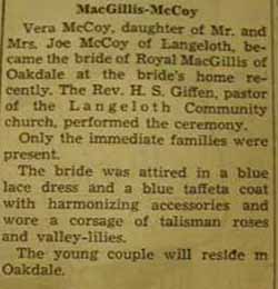 Marriage Notice for Royal MacGILLIS to Vera McCoy, 16 Jul 1937