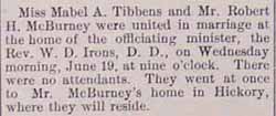 Marriage Notice for Robert Hammond McBURNEY to Mabel A. TIBBENS, 19 Jun 1912