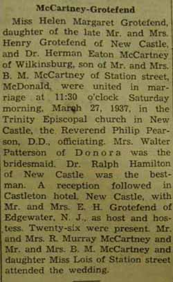 Marriage Notice for Herman Eaton McCARTNEY to Helen Margaret Grotefend, 27 Mar 1937