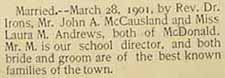 Marriage Notice for John A. McCAUSLAND to Laura M. Andrews, 28 Mar 1901