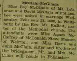 Marriage notice for 
        David McCLAIN to Fay McGinnis, 23 Feb 1938
