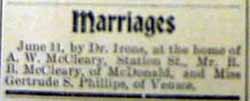 Marriage Notice for R. B. McCLEARY to Gertrude S. Phillips, 11 Jun 1896