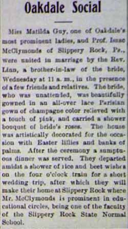 Marriage Notice for Isaac McCLYMONDS to Matilda Gay, no date, in 3-28-1908 paper