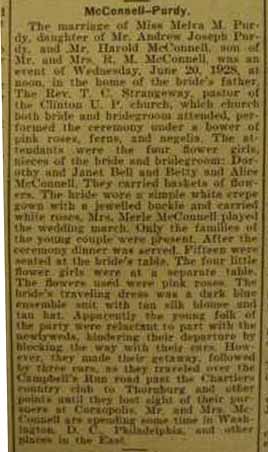 Marriage notice for 
        Harold McCONNELL to Melva M. Purdy, 20 Jun 1928