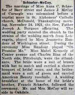 Marriage Notice for James J. McCOY to Anna C. Schaefer, 24 Nov 1921