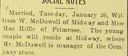 Marriage Notice for William W. McDOWELL to Mae RIFFLE, Jan. 26, 1908