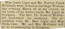 Marriage Notice for <b></b>Forrest Frank McGINNIS to Miss Jessie LIGER,  March 22, 1911