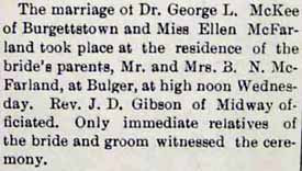 Marriage Notice for George L. McKEE to Ellen McFarland, no date, in 9-8-1905 paper