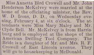 Marriage Notice for John Henderson McKELVEY to Annetta Bird Crowell, 4 Feb 1914