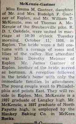 Marriage Notice for William T. McKENZIE to Emma M. Gastner, 11 Oct 1938