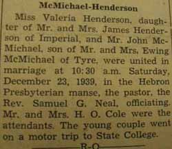 Marriage Notice for 
John McMICHAEL to Valeria Henderson, 23 Dec 1939