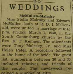 Marriage Notice 
        Edward McMULLEN to Stella Malesky, 1 Mar 1940