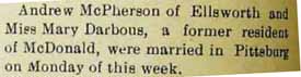 Marriage Notice for Andrew McPHERSON to Mary Darbous, no date, in 8-25-1905 paper