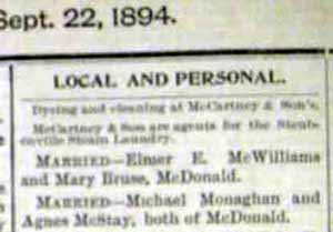 Marriage Notice for Elmer E. McWILLIAMS to Mary Bruse, no date, in 9-22-1894 paper