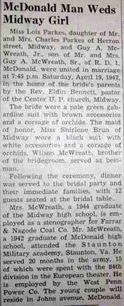 Marriage Notice for Guy A. McWREATH, Jr. to Lois Parkes, 19 Apr 1947