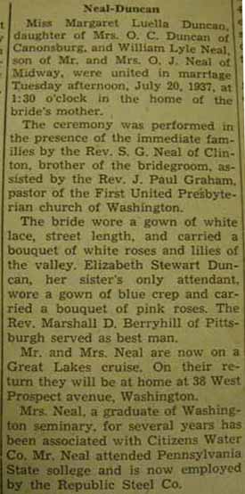 Marriage Notice for William Lyle NEAL to Margaret Luella Duncan, 20 Jul 1937