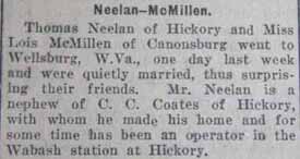Marriage Notice for Thomas NEELAN to Lois McMillen, no date, in 2-10-1922 paper