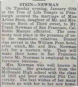 Marriage Notice for Frank NEWMAN to Arline STEIN, Tues., Jan. 20, 1920