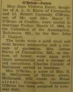 Marriage Notice for Robert Carmody O'BRIEN to Jean Victoria Eaton, 17 Mar 1944