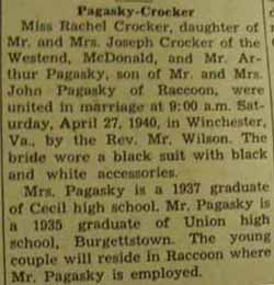 Marriage Notice for 
Arthur PAGASKY to Rachel Crocker, 27 Apr 1940