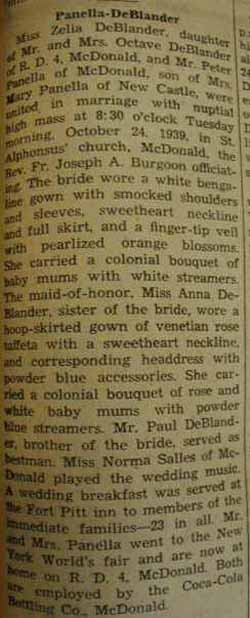 Wedding notice for 
Peter PANELLA to Zelia DeBlander, 24 Oct 1939