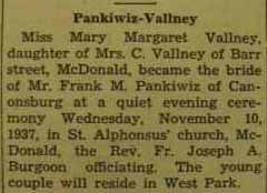 Wedding notice for 
Frank M. PANKIWIZ to Mary Margaret Vallney, 10 Nov 1937