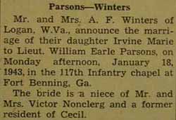 Marriage Notice for William Earle PARSONS to Irvine Marie Winters, 18 Jan 1943