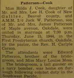 Marriage Notice for 
        Jack W. PATTERSON to Hilda J. Cook, 15 June 1944