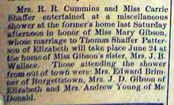 Wedding Shower held for Thomas Shaffer PATTERSON to Mary Agnes Gibson, married 24 Jun 1914 