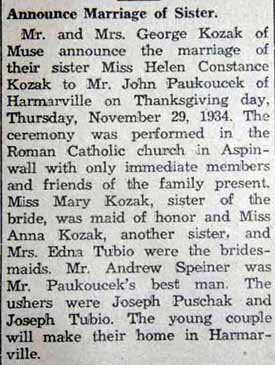 Marriage Notice for John PAUKOUCEK to Helen Constance Kozak, 29 Nov 1934