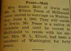 Marriage Notice for 
        S. Wilson PEASE to Mrs. Susan Malt, 4 Jun 1941