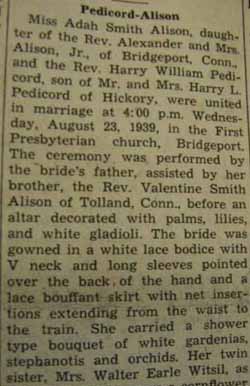 Part 1 Marriage notice for 
Harry William PEDICORD to Adah Smith Alison, 23 Aug 1939