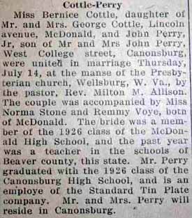 Marriage Notice for John PERRY Jr. to Miss Bernice COTTLE, Thursday, July 14, 1927