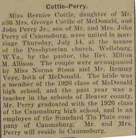 Marriage Notice for  George COTTLE to Miss Bernice COTTLE, Thursday, July 14, 1927
