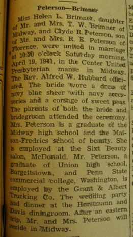 Marriage Notice for 
Clyde R. PETERSON to Helen L. Brimner, 19 apr 1941