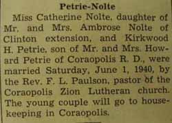 Marriage Notice for 
Kirkwood H. PETRIE to Catherine Nolte, 1 Jun 1940