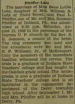 Marriage Notice for Paul L. PFEIFFER to Besse Leola Lutz, 15 Aug 1936