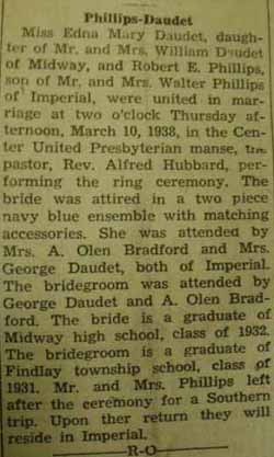 Marriage Notice for 
        Robert E. PHILLIPS to Edna Mary Daudet, 10 Mar 1938