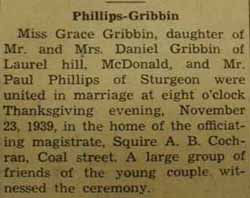 Marriage Notice for 
Paul PHILLIPS to Grace Gribbin, 23 Nov 1939