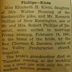 Marriage Notice for Kenneth PHILLIPS to Elizabeth H. Klein, 14 Feb 1941