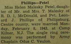 Marriage notice for Leonard J. PHILLIPS to Helen Malesky Petel, 8 Feb 1943