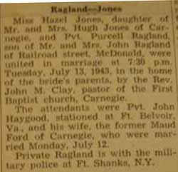 Marriage notice for Purcell RAGLAND to Hazel Jones, 13 Jul 1943