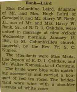 Marriage Notice for 
Harry W. RANK to Columbine Laird, 15 Jan 1941