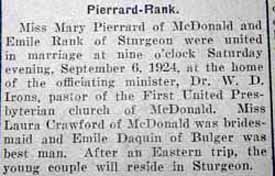 Marriage Notice for Emile RANK to Mary Pierrard, 6 Sep 1924