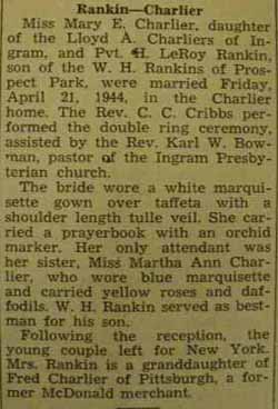 Marriage notice for 
H. LeRoy RANKIN to Mary E. Charlier, 21 Apr 1944