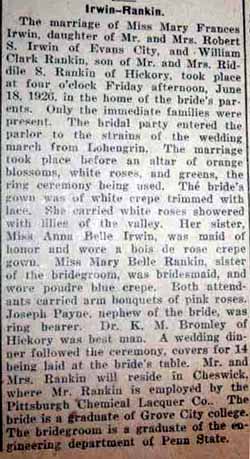 Marriage Notice for 
William Clark RANKIN to Mary Frances Irwin, 18 Jun 1926