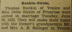 Marriage Notice for Thomas RANKIN to Della Strain, 28 Jun 1932