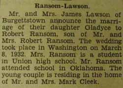 Marriage Notice for Robert RANSOM to Gladyce Lawson, 8 Mar 1932