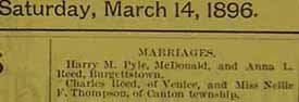 Marriage Notice for Charles REED to Nellie F. Thompson, no date, in 3-14-1896 paper