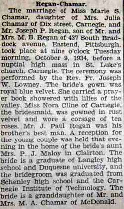 Marriage Notice for Joseph P. REGAN to Marie S. Chamar, 9 Oct 1934